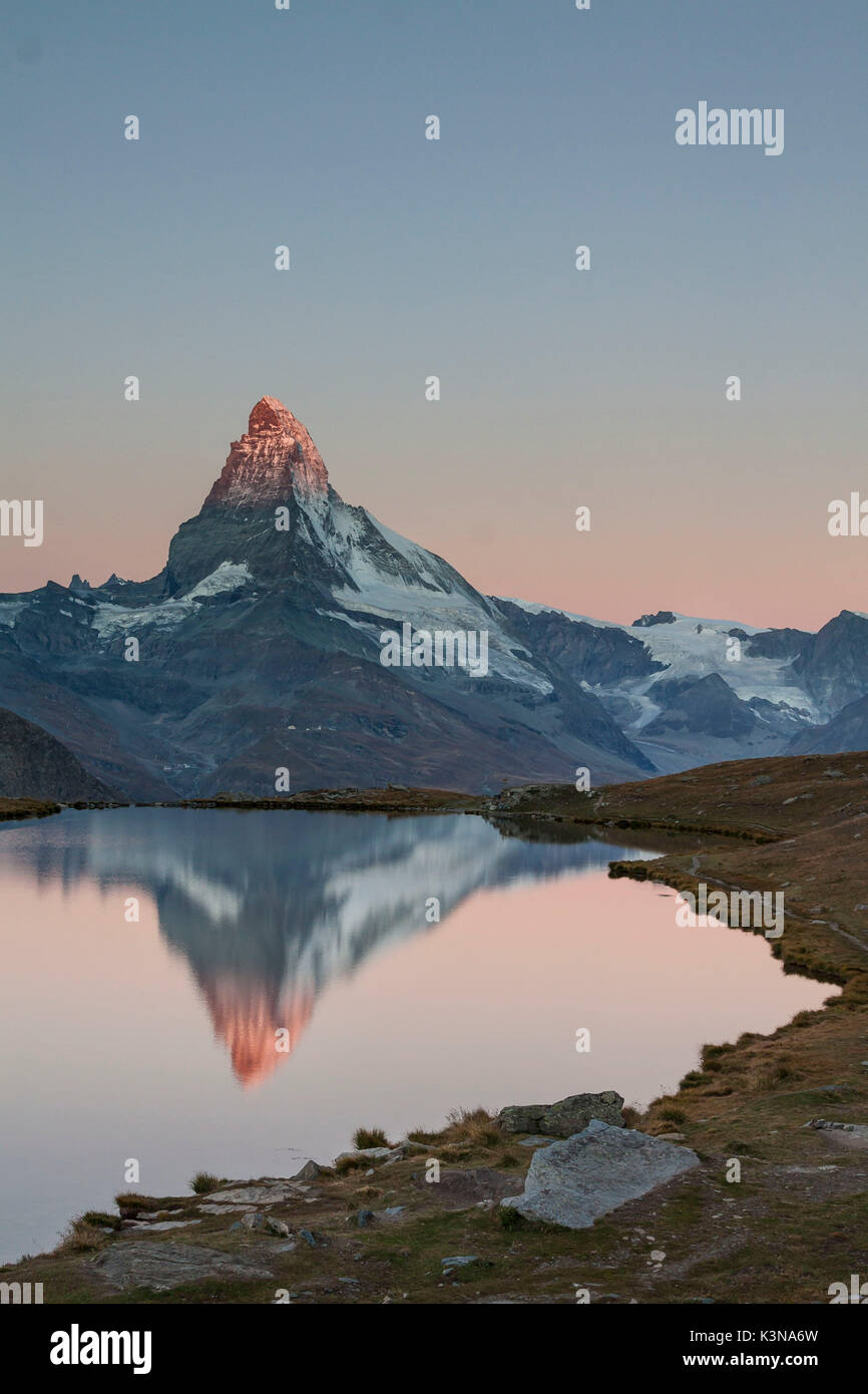 In Matterhorn is reflected in the lake at dawn Stelllisee, Zermatt valley, Valais-Wallis Canton, Switzerland Stock Photo