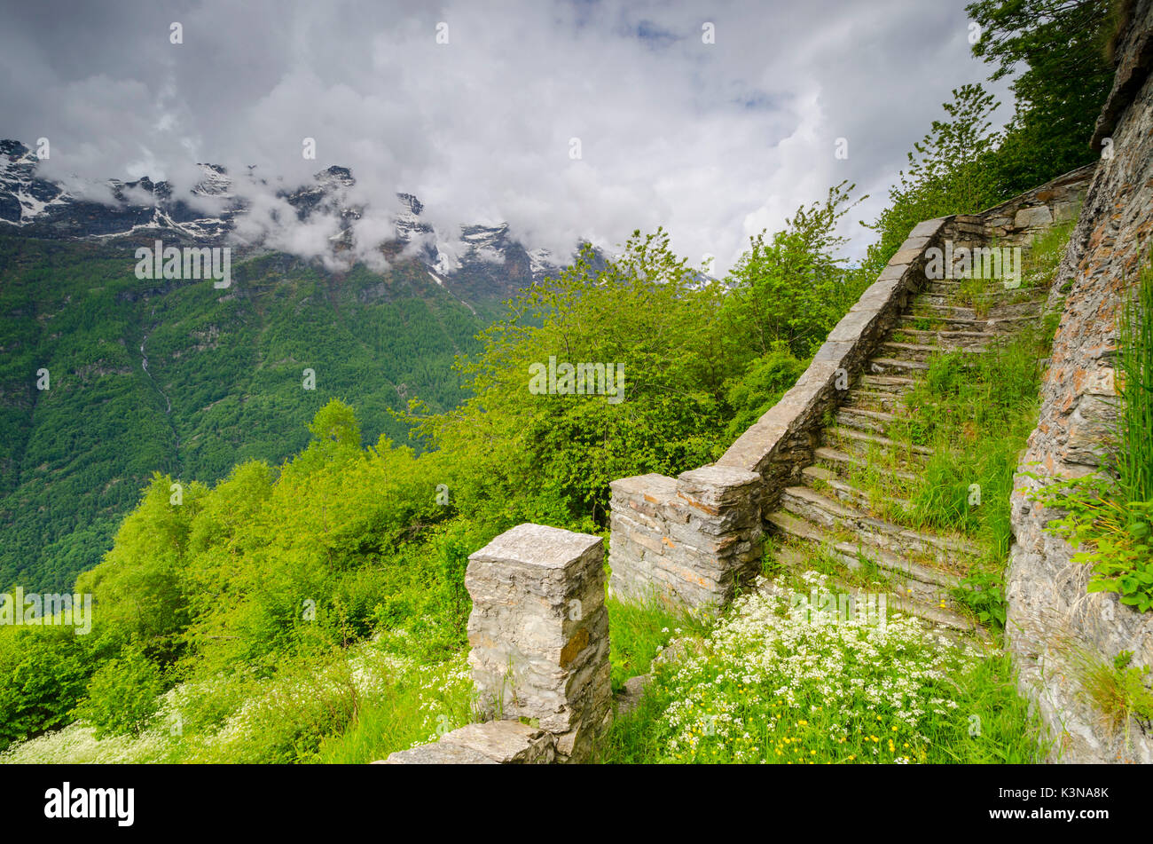 Stone stairway in Sant'Anna sanctuary (Orco Valley, Gran Paradiso National Park, Piedmont, Italy) Stock Photo