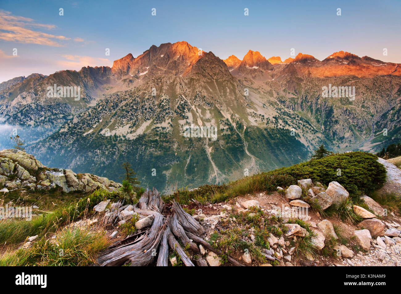 Italy, Piedmont, Cuneo District, Gesso Valley, Alpi Marittime Natural Park, the west wall dell'Argentera at sunset Stock Photo