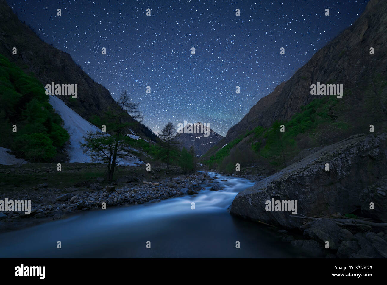 Italy, Piedmont, Cuneo District, Gesso Valley, Alpi Marittime Natural Park, starry night on the Gesso Valley Stock Photo
