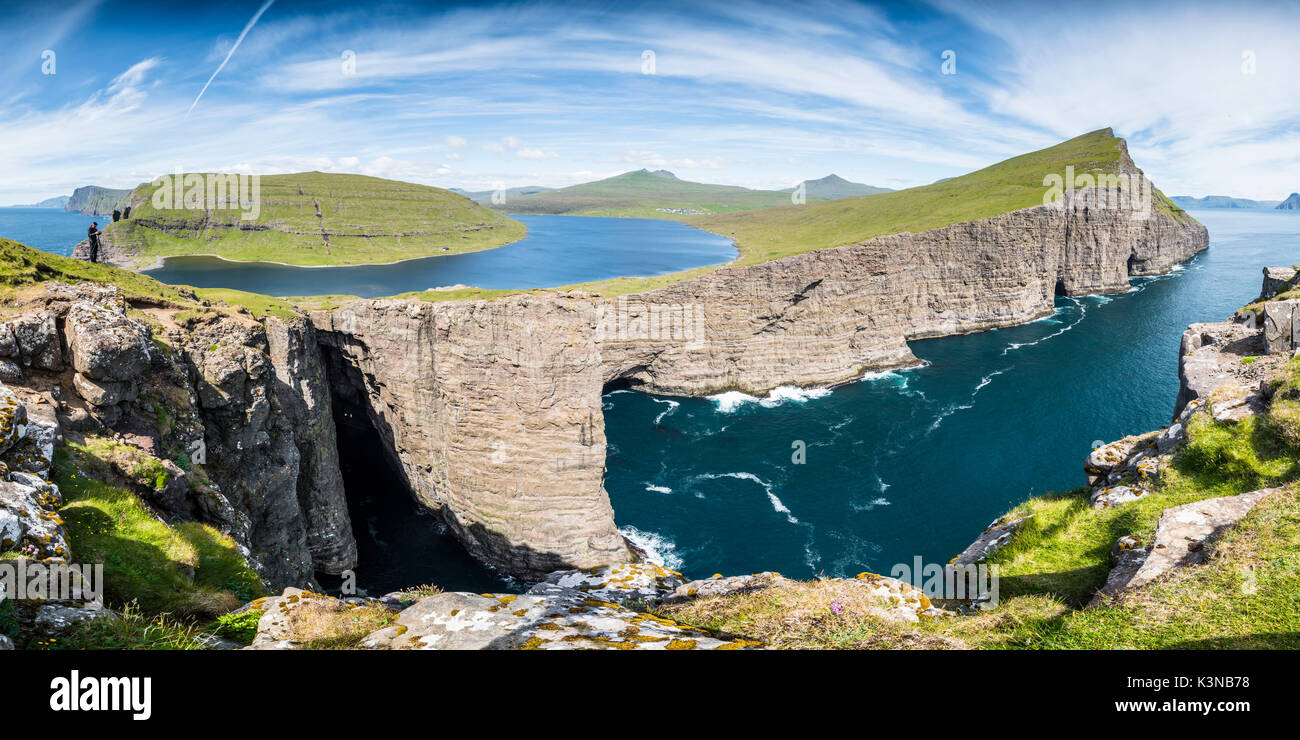 Vagar island, Faroe Islands, Denmark. Panoramic view of the Leitisvatn ...