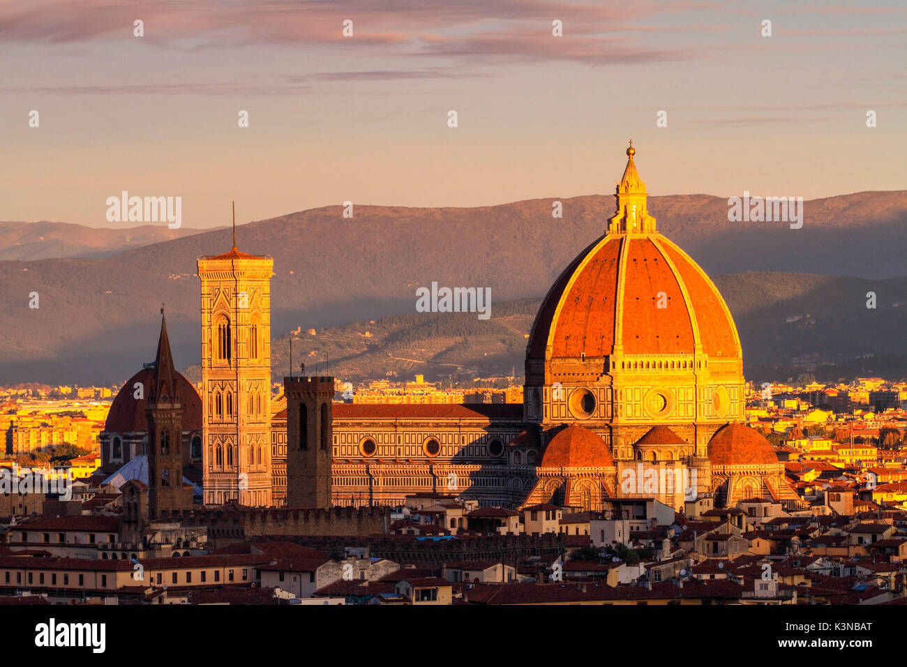 Europe, Italy, Tuscany. Florence Cathedral with the Basilica of Santa Maria Novella at sunset light - City of Italy Stock Photo