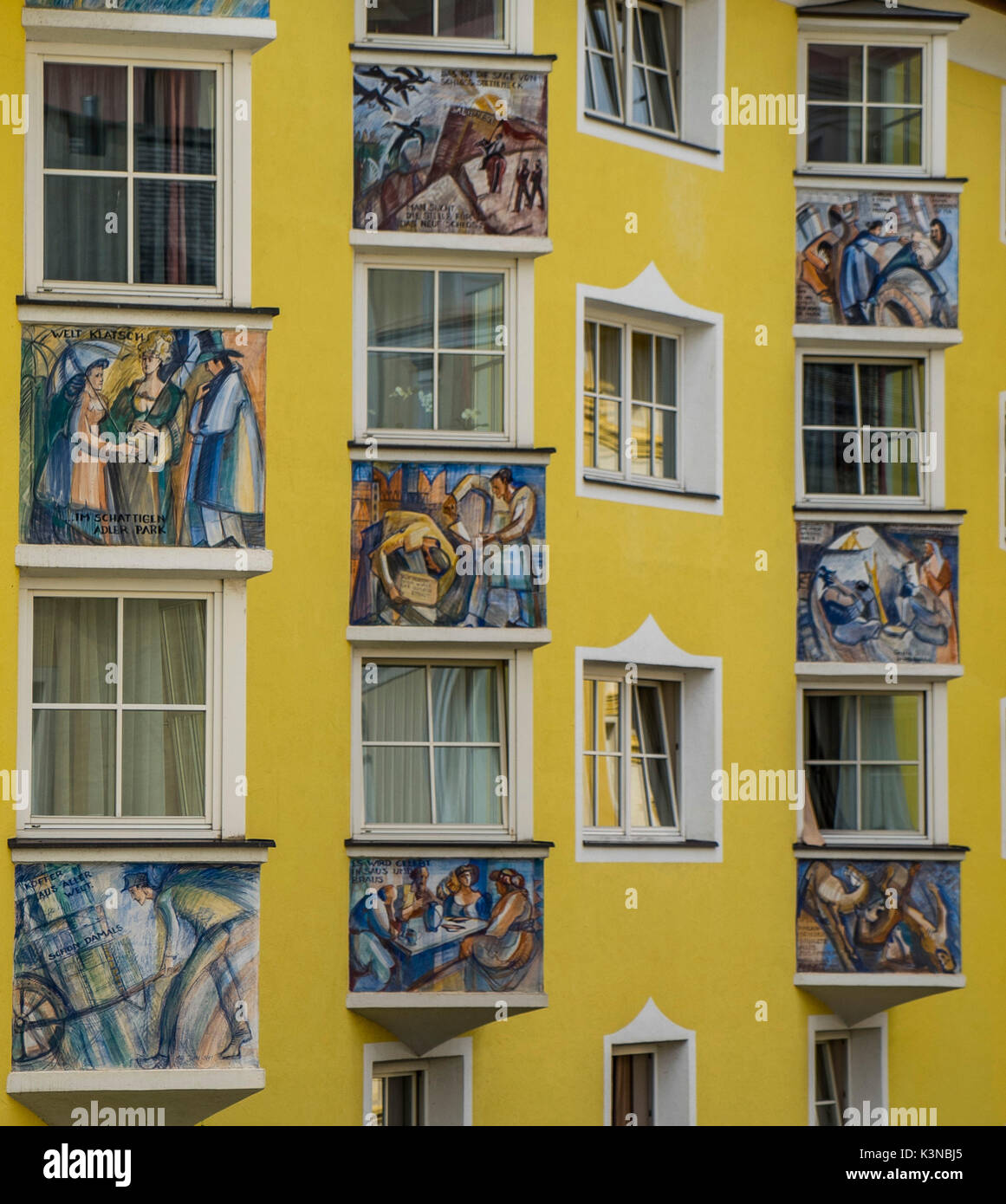 Painted windows,   Ortisei, Gardena Valley, Sud Tirol district, Dolomites, Italy Stock Photo