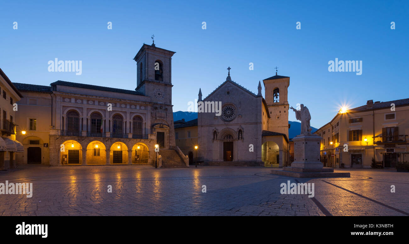 Norcia, Sibillini National park, Umbria, Italy. Main square  of Norcia village at dawn Stock Photo