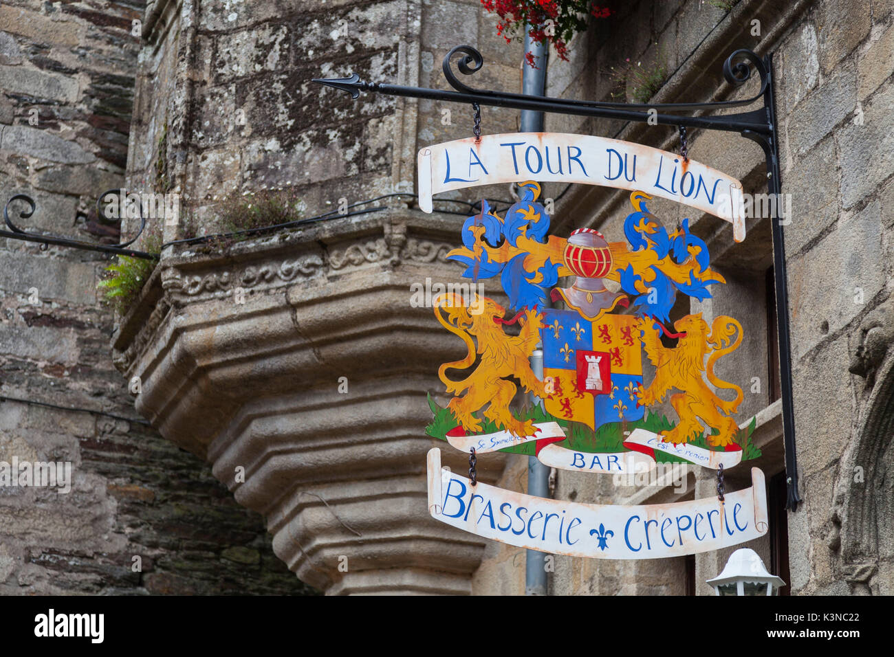 Rochefort-en-terre, Brittany, France. A signboard of brewery and creperie. Stock Photo