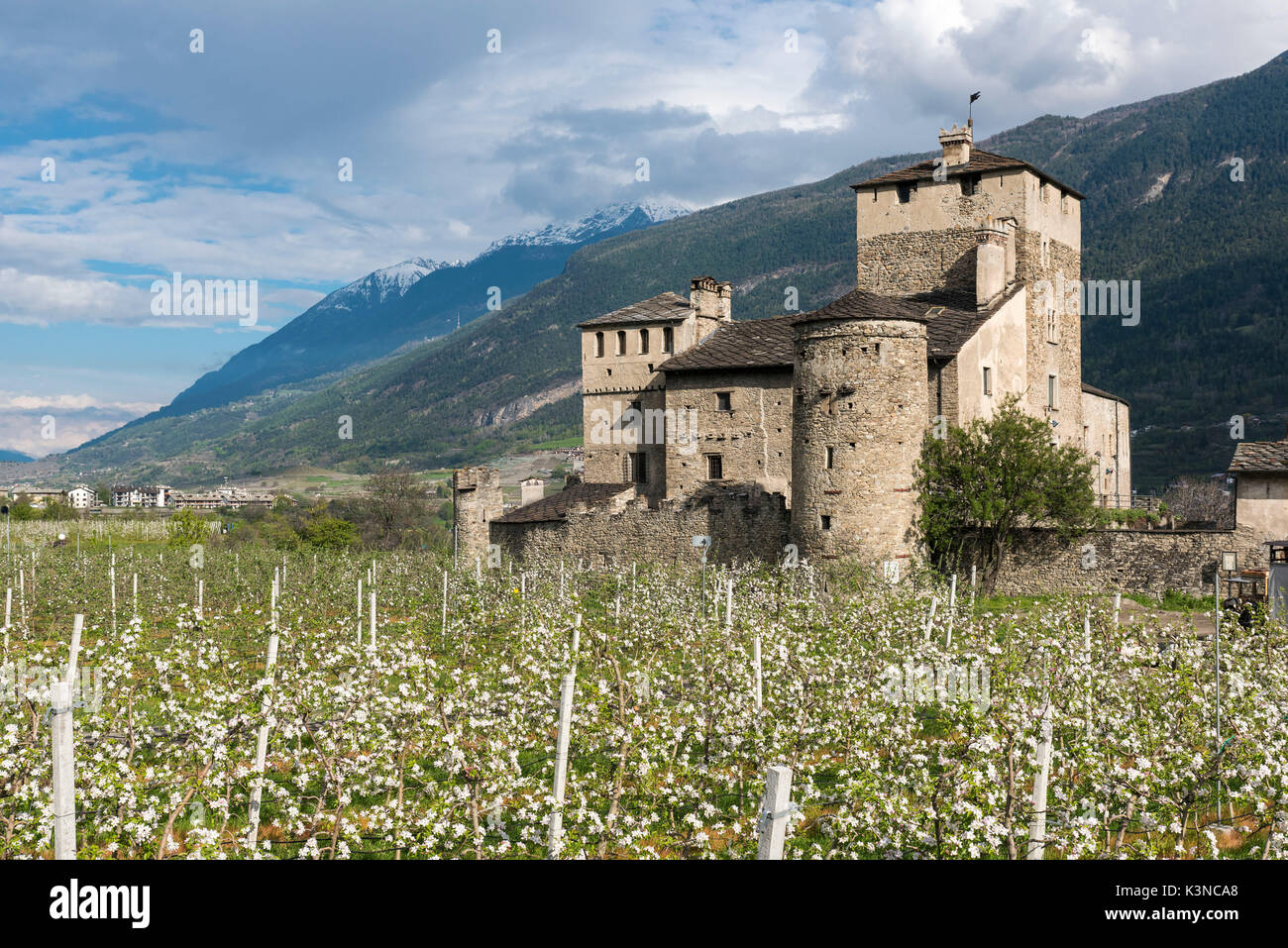 Castle of Sarriod de la Tour in spring. Saint-Pierre, province of Aosta, Aosta Valley, Italy Stock Photo