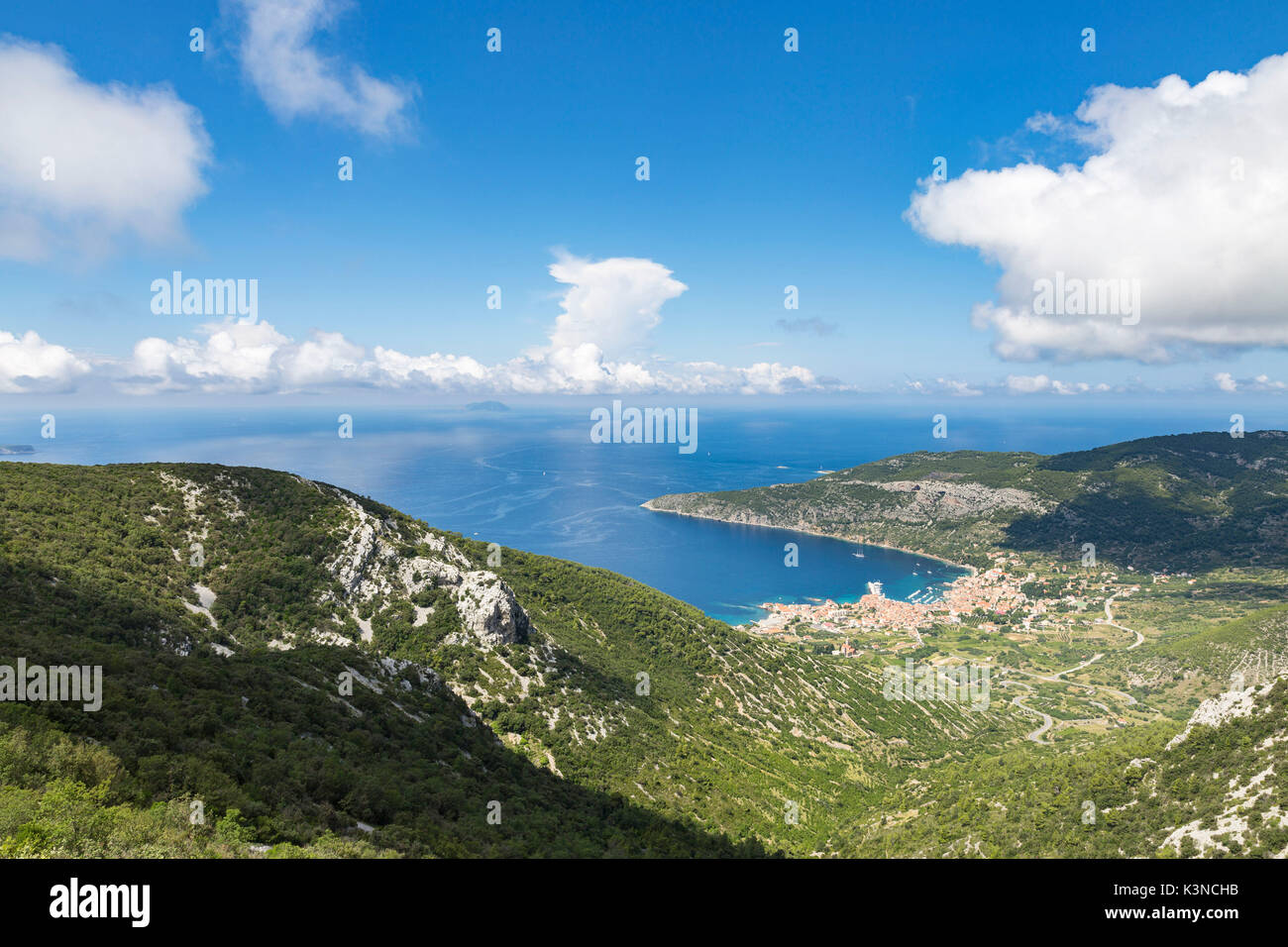 View of the village of Komiza from Hum mount (Komiza, Vis Island, Split-Dalmatia county, Dalmatia region, Croatia, Europe) Stock Photo