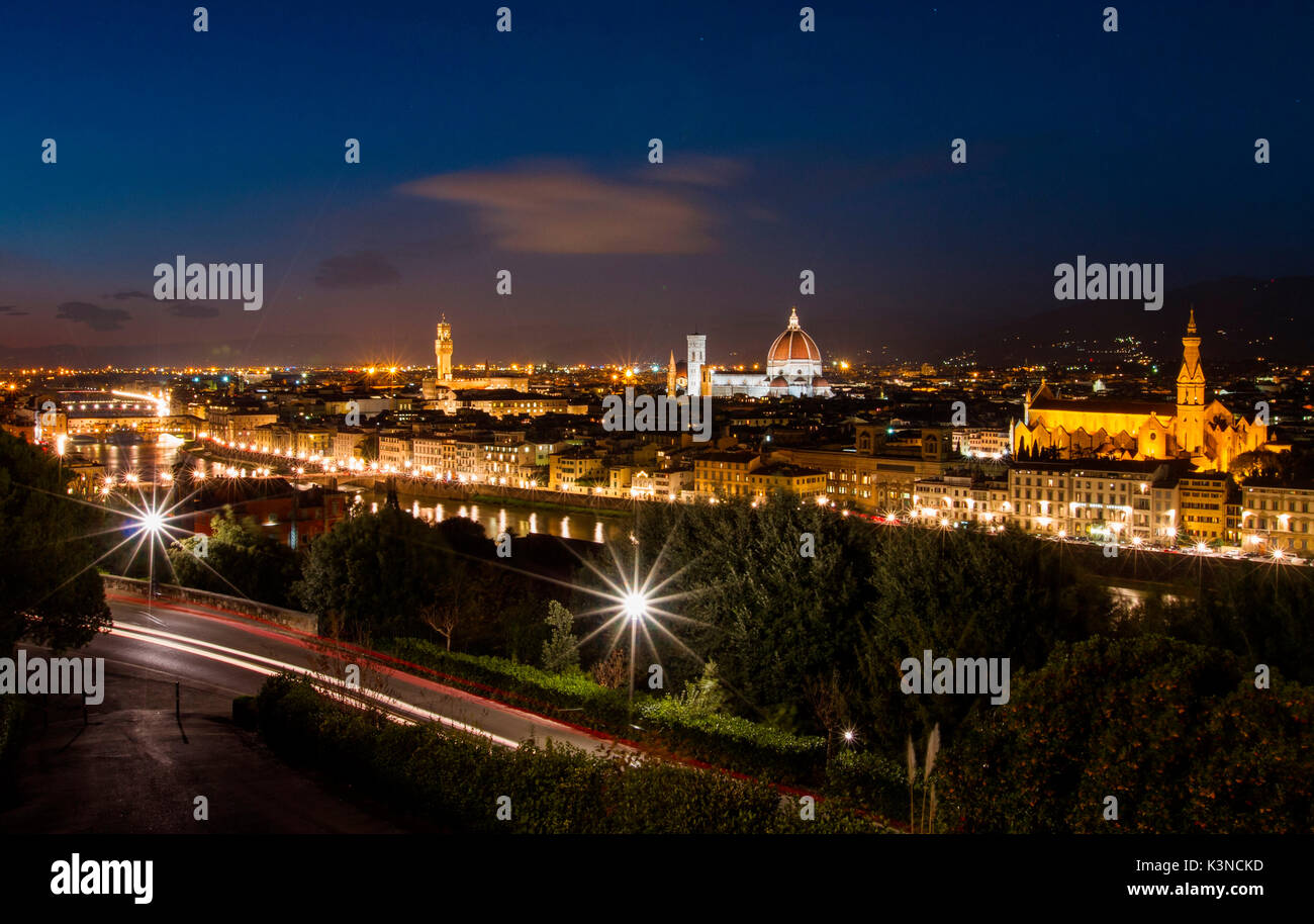 Europe, Italy, Tuscany, Florence. Florence by night from Piazzale Michelangelo, a panoramic point of view over the famous city of Tuscany. Stock Photo