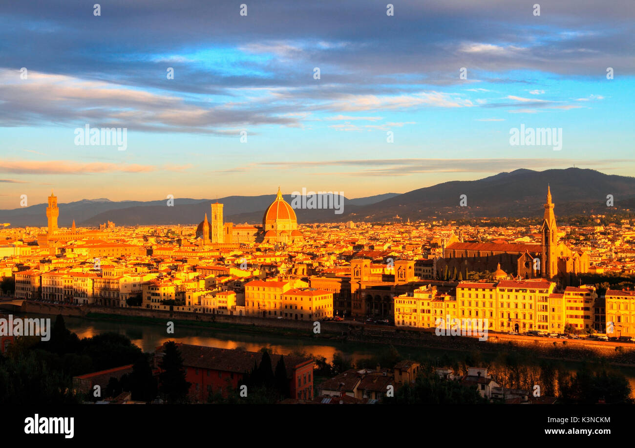 Europe, Italy, Tuscany. Florence at sunset from Piazzale Michelangelo, a panoramic point of view over the famous city of Tuscany. Stock Photo