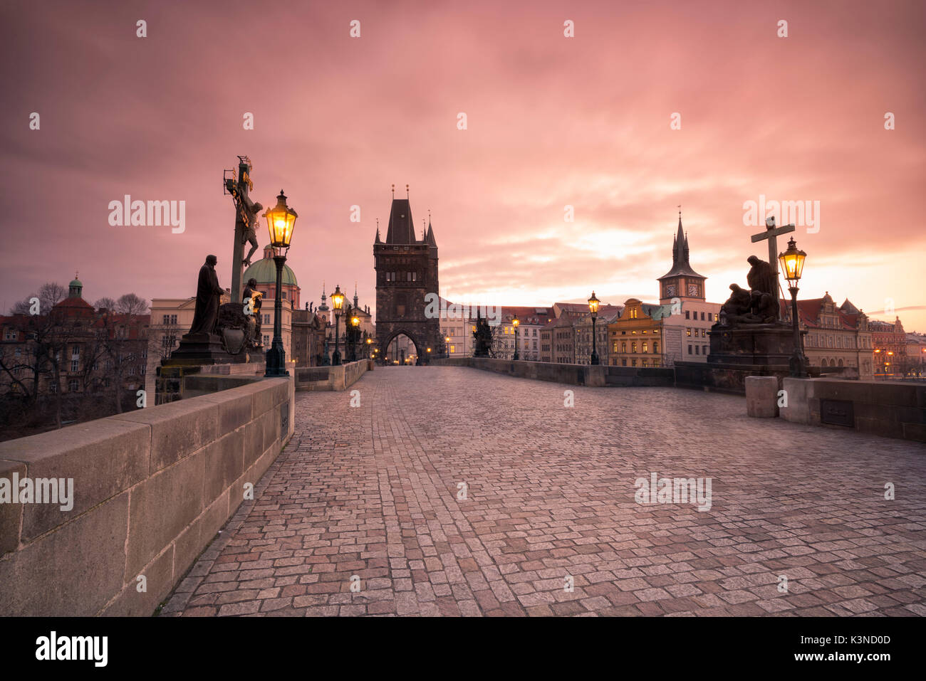 Charles Bridge, Prague, Czech Republic colorful sunrise on the Charles Bridge Stock Photo