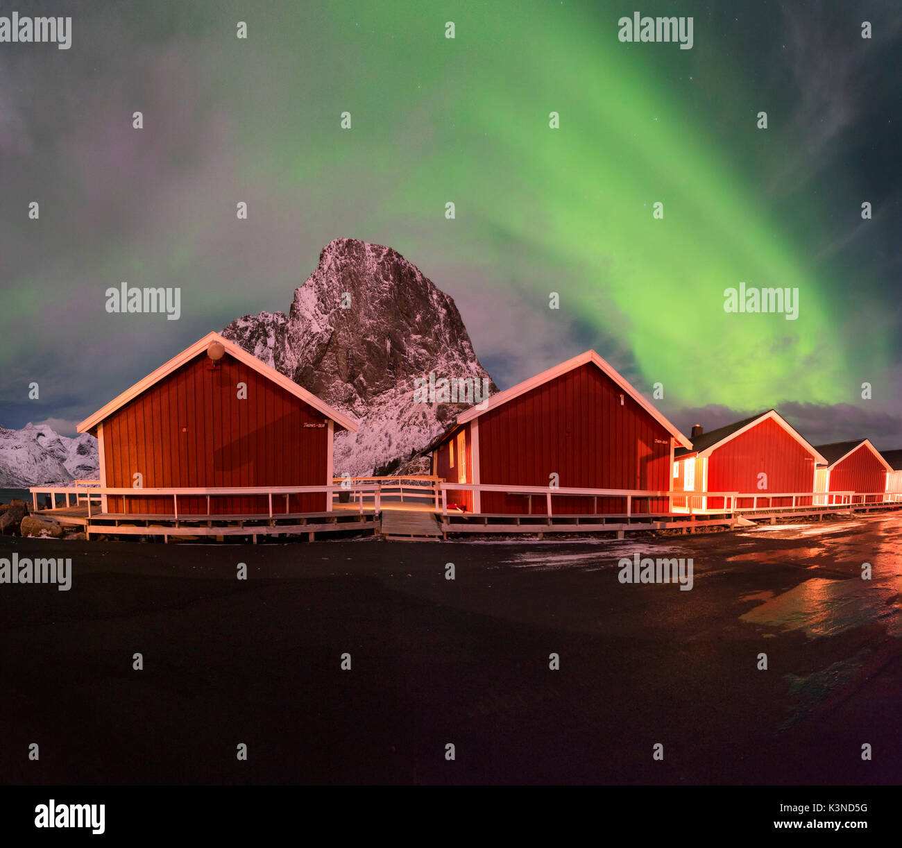 Hamnoy,Lofoten Islands, Norway  The Northern Lights over some of rorbu Hamnoy February 2015 Stock Photo
