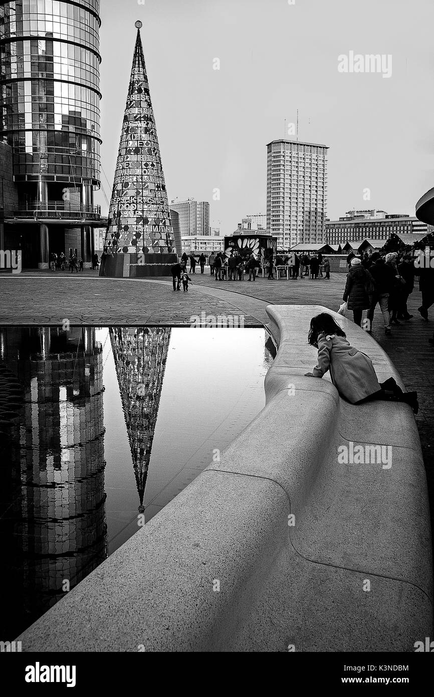 Milan,Lombardy,Italy The reflection of the buildings taken in the water of a fountain in Milan Stock Photo