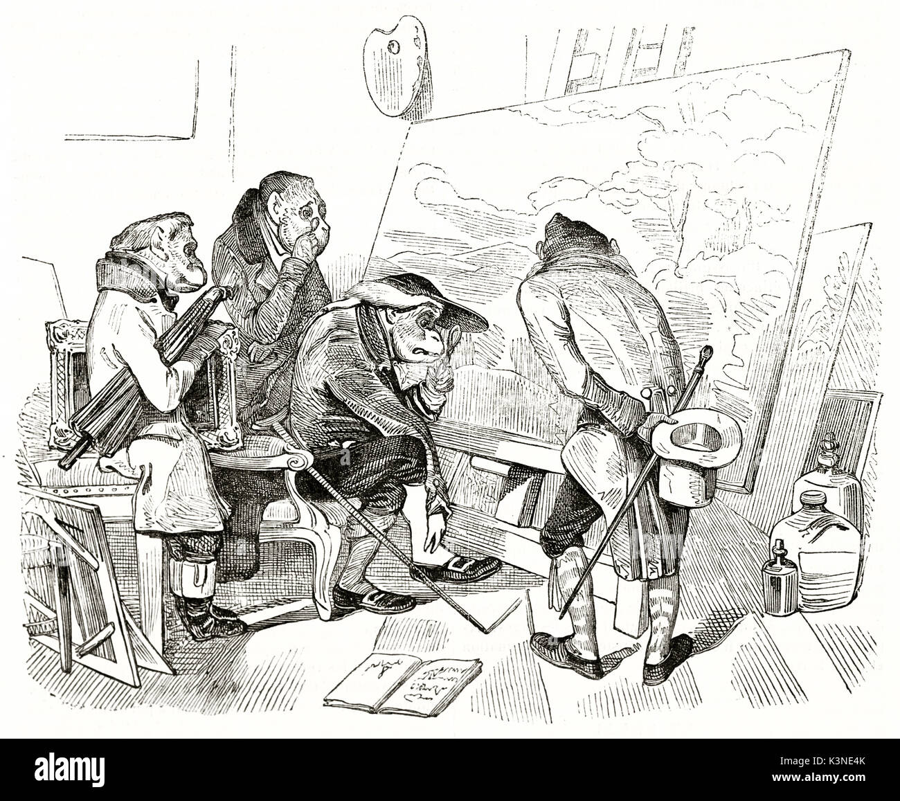 Ancient humorous illustration. Monkeys in human clothes analyzing a painting in the guise of art critics. After Decamps published on Magasin Pittoresque Paris 1839 Stock Photo
