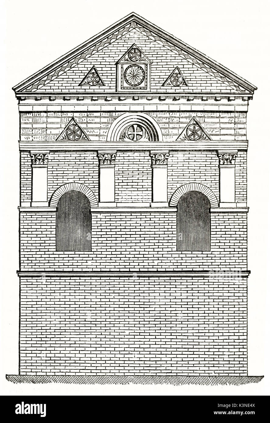front view of a isolated religious edifice made with bricks wall. Baptistere Saint-Jean (Baptistery of St. John) Poitiers France. By unidentified author published on Magasin Pittoresque Paris 1839 Stock Photo