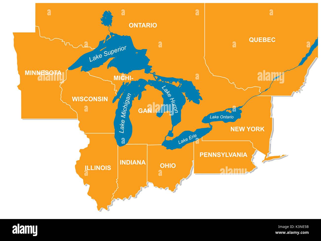 graphic of the North American great lakes and their neighboring countries Stock Vector