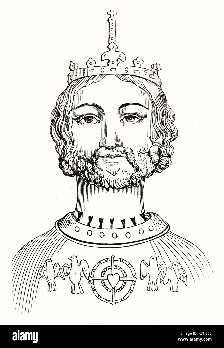 Ancient reproduction of Charlemagne bust sculpted in 12th century executed in a simple and clean outlined style. After Montfaucon published on Magasin Pittoresque Paris 1839 Stock Photo