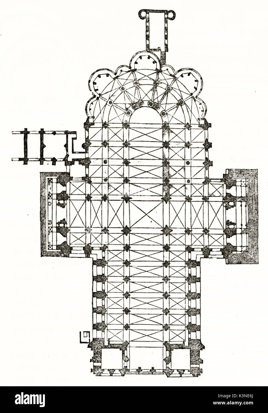Old plan of Chartres cathedral France. By unidentified author published on Magasin Pittoresque Paris 1839 Stock Photo