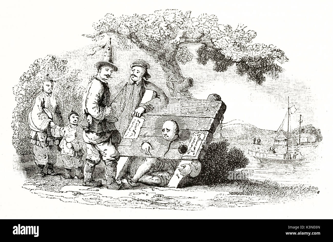 Old illustration of a man suffering the chinese pillory under the view of other people, outdoor. By unidentified author published on Magasin Pittoresque Paris 1839 Stock Photo