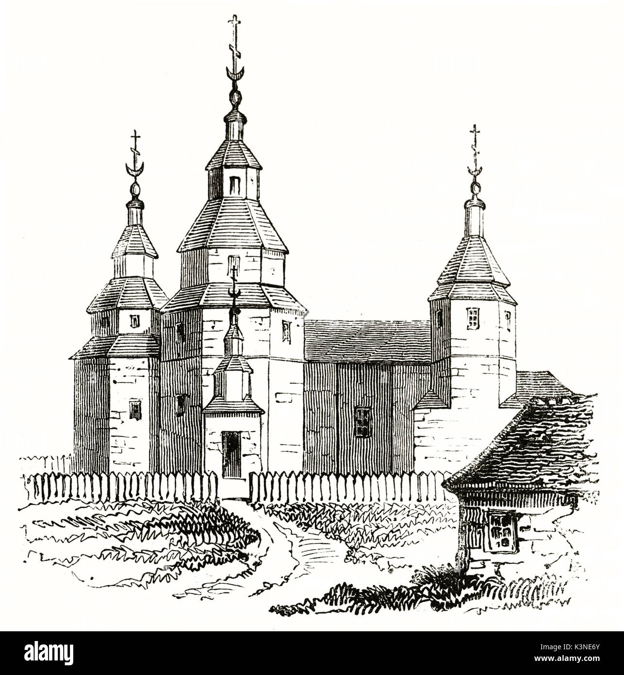 Old view of a Cossack church (muscovite architecture) on white background with a little part of countryside. By unidentified author published on Magasin Pittoresque Paris 1839 Stock Photo