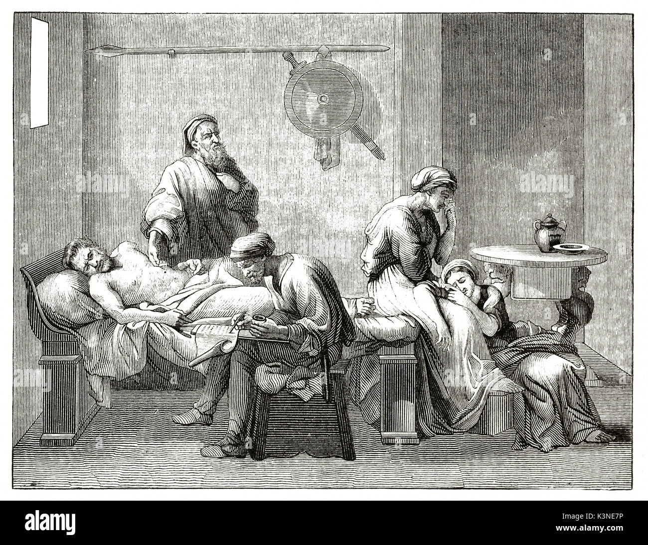 Ancient man on his dying bed dictates his will to a writer.  Old engraved reproduction of The Testament of Eudamidas. After Poussin published on Magasin Pittoresque Paris 1839 Stock Photo