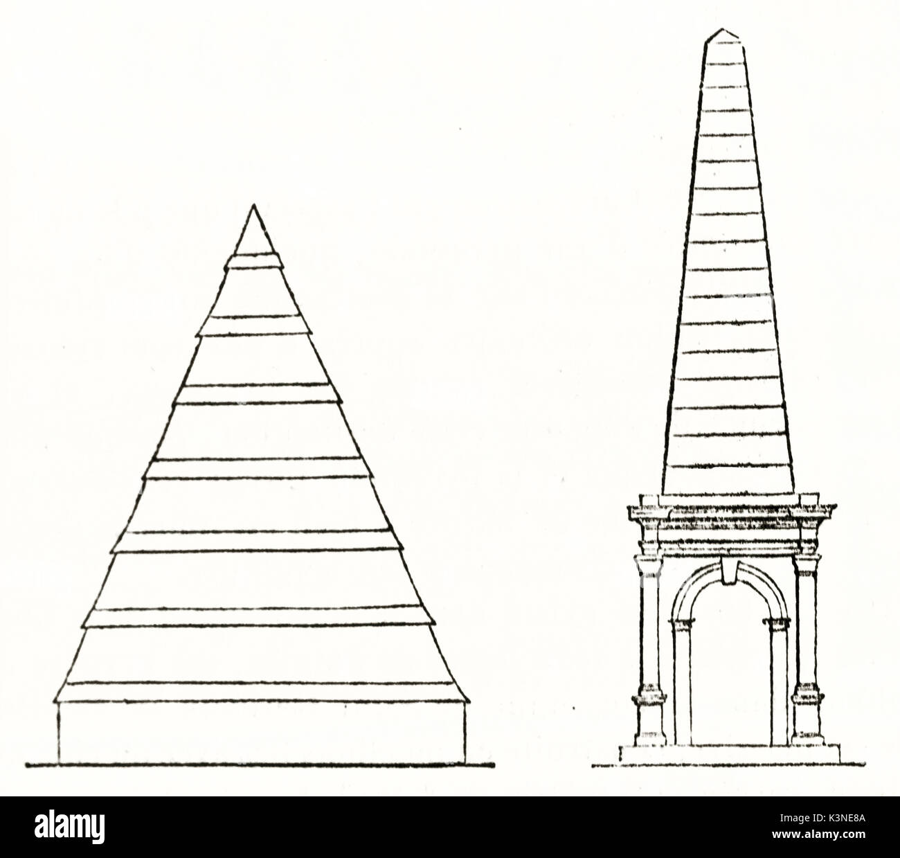 Two ancient schematic details of funerary architecture. Pyramid shape and obelisque shape with an arch base. By unidentified author, publ. on Magasin Pittoresque, Paris, 1839 Stock Photo