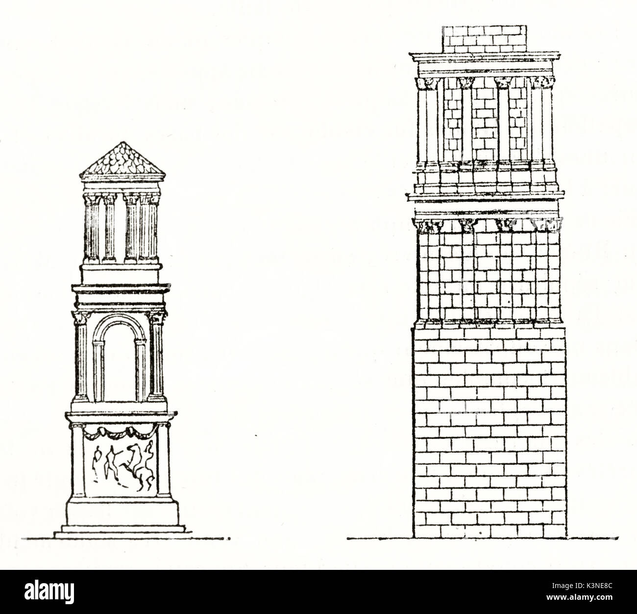 Two ancient schematic details of funerary architecture based on tower shape. By unidentified author, publ. on Magasin Pittoresque, Paris, 1839 Stock Photo
