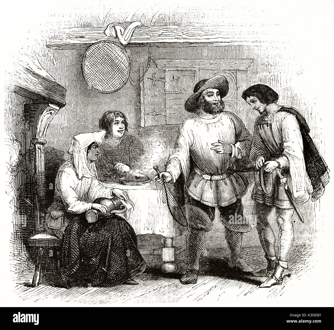 Old illustration depicting King Henry II of England, the miller of Mansfield (traditional ballad) and his family in their poor house. By unidentified author published on Magasin Pittoresque Paris 1839 Stock Photo