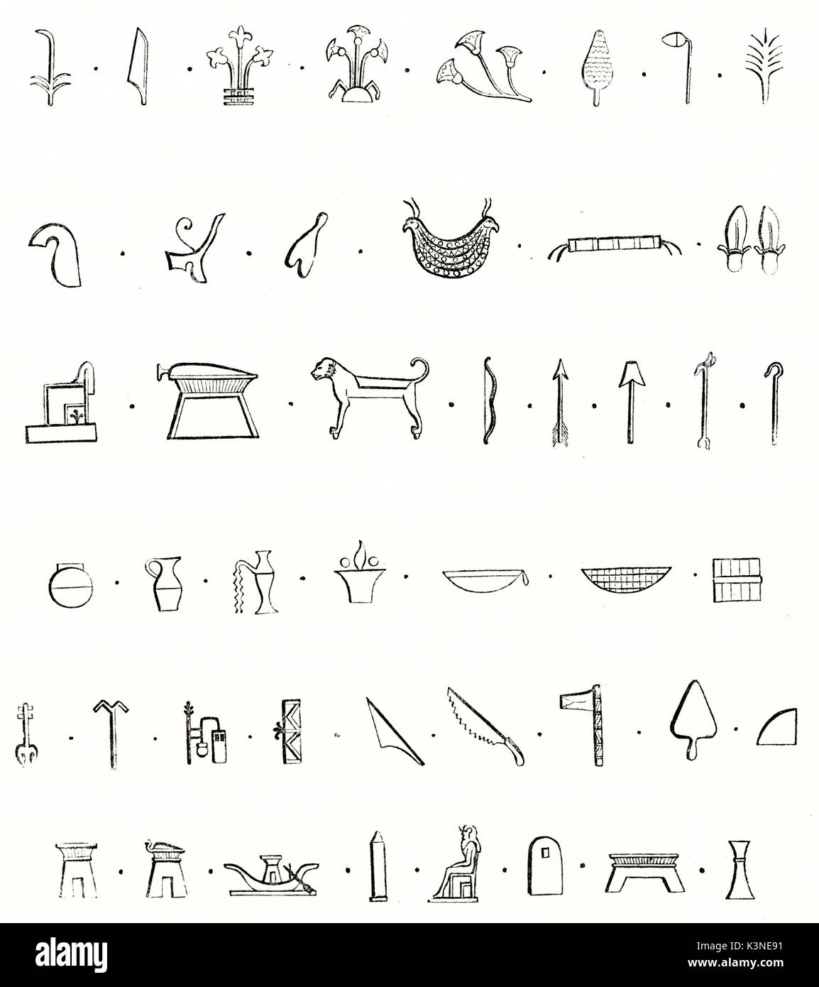 Old engraved reproduction of Egyptian hieroglyphs. Each single element is isolated on white background. By unidentified author published on Magasin Pittoresque Paris 1839 Stock Photo