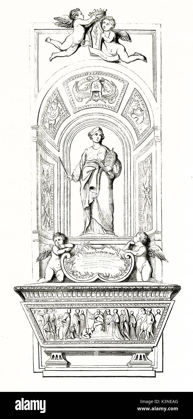 Old engraved front view reproduction of a majestic funeral monument, Matilda of Tuscany tomb in St's Peter Basilica Rome. By Demoraine Andrew Best and Leloir, Magasin Pittoresque Paris1839 Stock Photo
