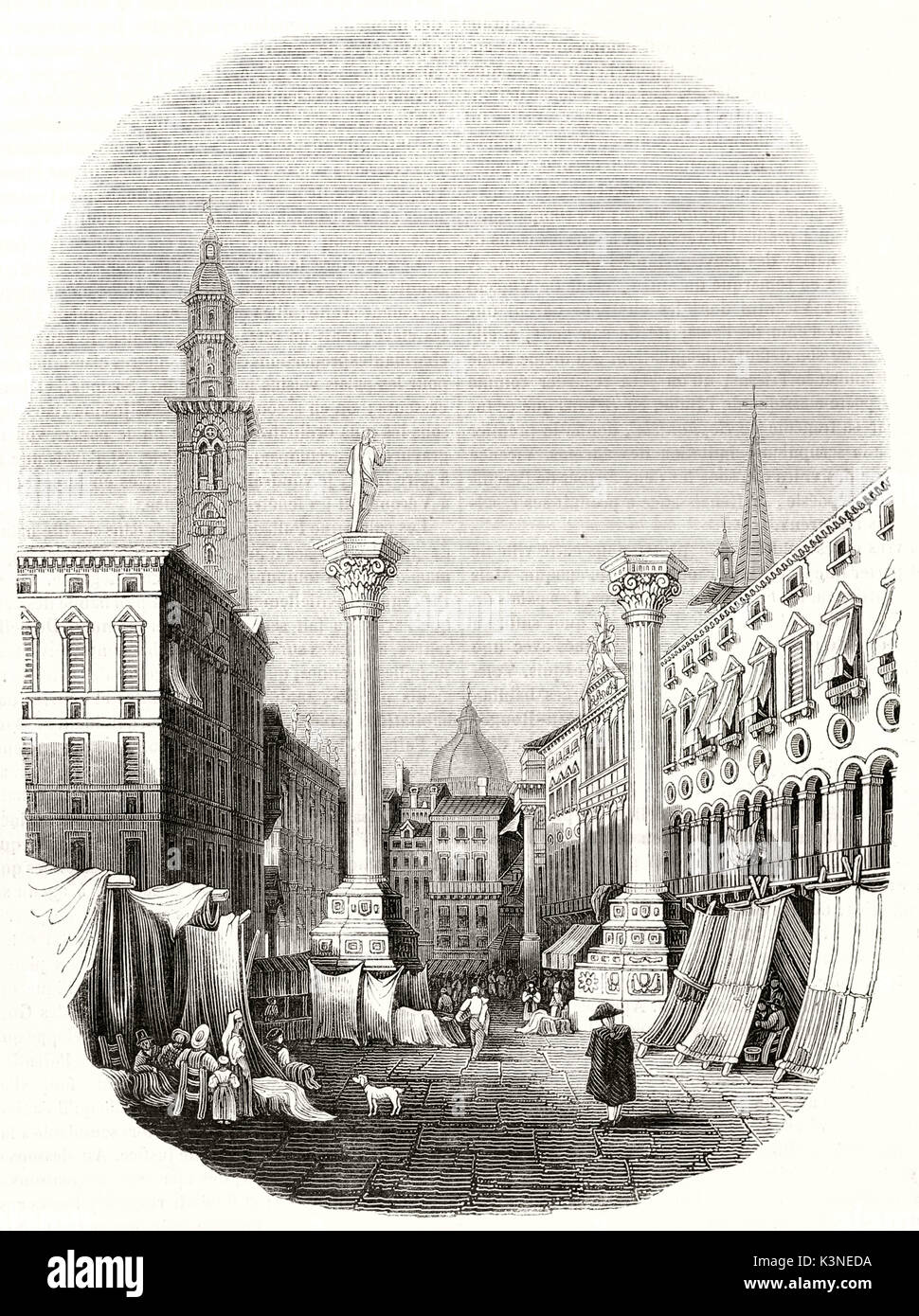 Ancient view of Piazza dei Signori (Lord's square) Vicenza Italy, illustration arranged in a oval frame with faded edges. By unidentified author published on Magasin Pittoresque Paris 1839 Stock Photo