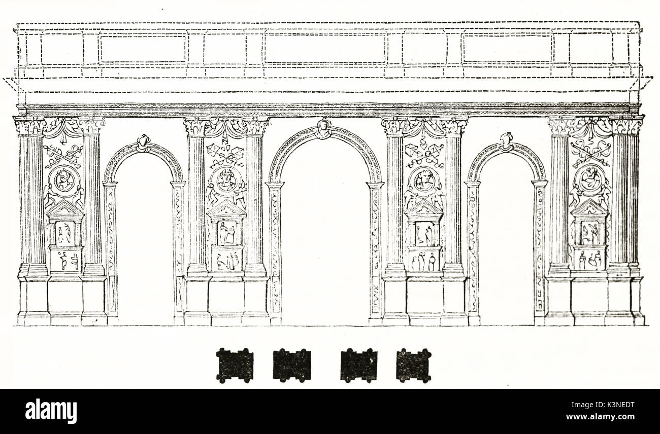 Ancient engraved front reproduction of Porte Mars triumphal arch in Reims France. Typical classic style city portal with arches and columns. By unidentified author, Magasin Pittoresque Paris 1839 Stock Photo