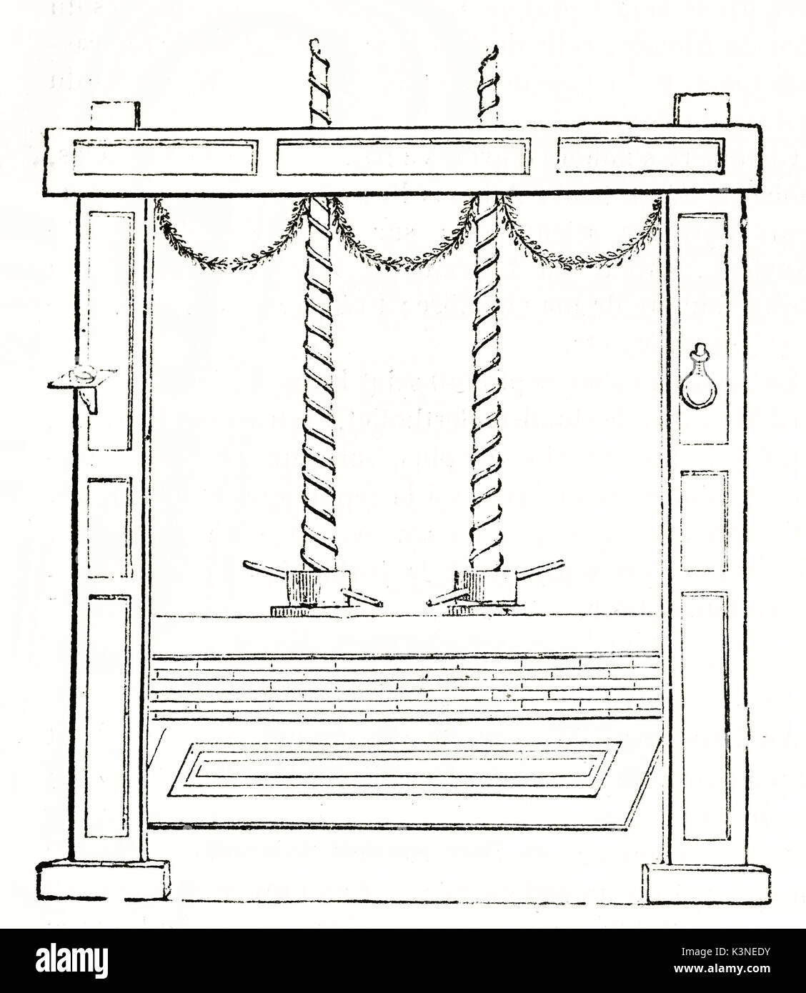 Ancient schematic reproduction of a press machine displayed in a minimal black and white outline style. By unidentified author published on Magasin Pittoresque Paris 1839 Stock Photo