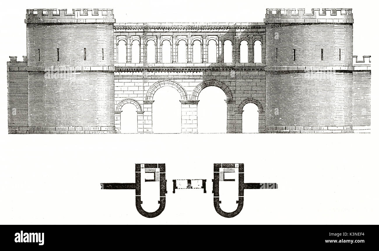 Front view of a medieval stronghold entrance and part of the planimetry isolated on white background. Saint-Andre gate Autun Bourgogne France. Published on Magasin Pittoresque Paris 1839 Stock Photo