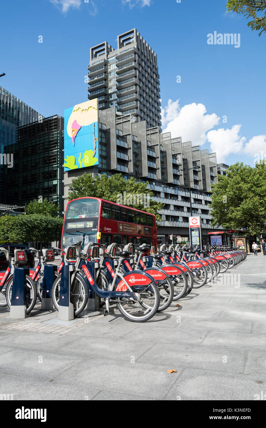 Santander docking station on Hampstead road overlooked by Gary Hume's