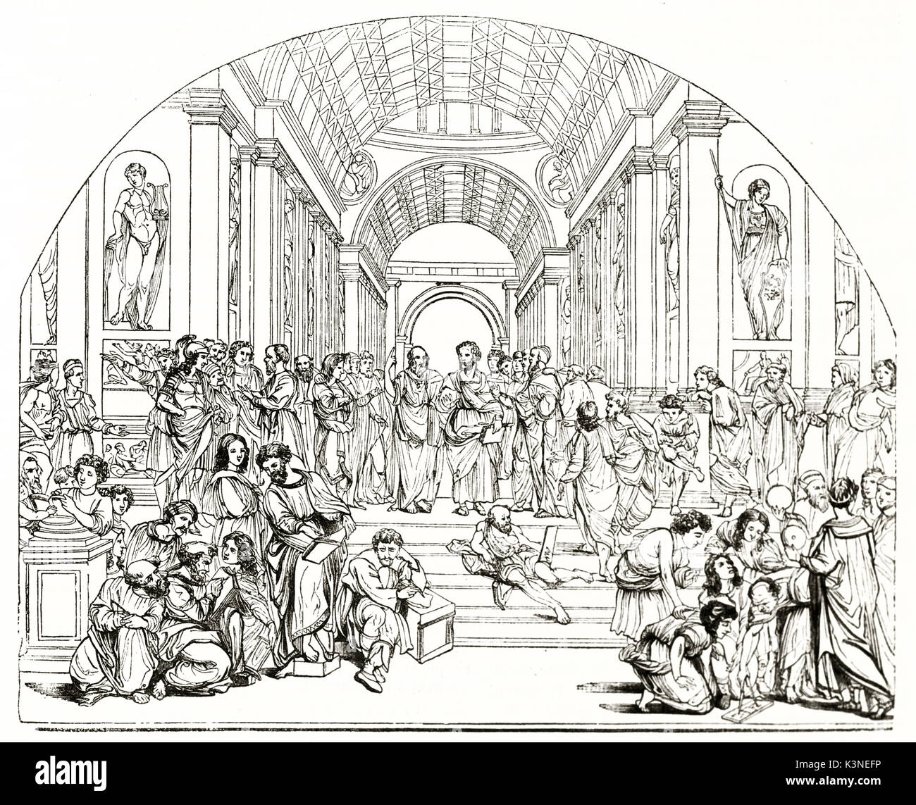 Ancient greek people in a large hall wearing tunics. Old engraved reproduction of The School of Athens Renaissance fresco in the Apostolic Palace Vatican city. Magasin Pittoresque Paris 1839 Stock Photo