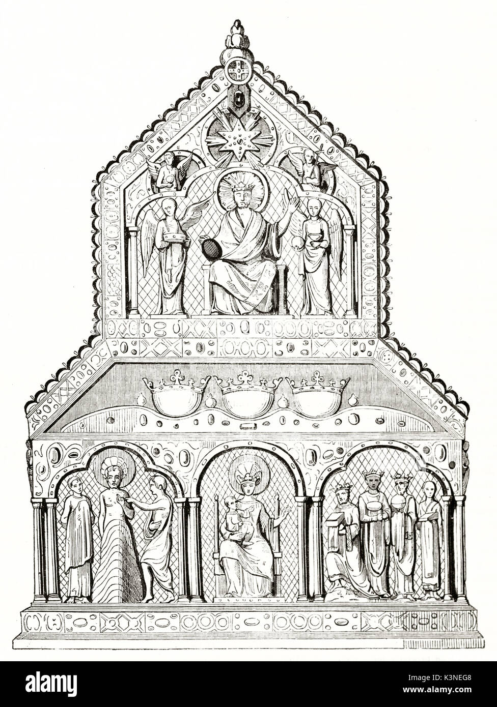 Ancient Shrine of the Three Kings kept in the Cologne cathedral Germany. Isolated single element richly decorated with bas reliefs. By Guemied Andrew Best and Leloir Magasin Pittoresque Paris 1839 Stock Photo
