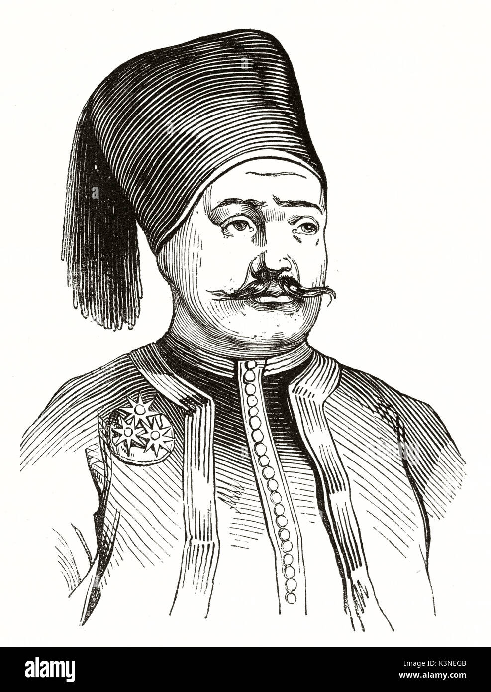 Ancient bust portrait  portrait of Soliman Pasha (1788 -1860) French-born Egyptian commander. Illustration executed with a elegant hatching. Published on Magasin Pittoresque Paris 1839 Stock Photo
