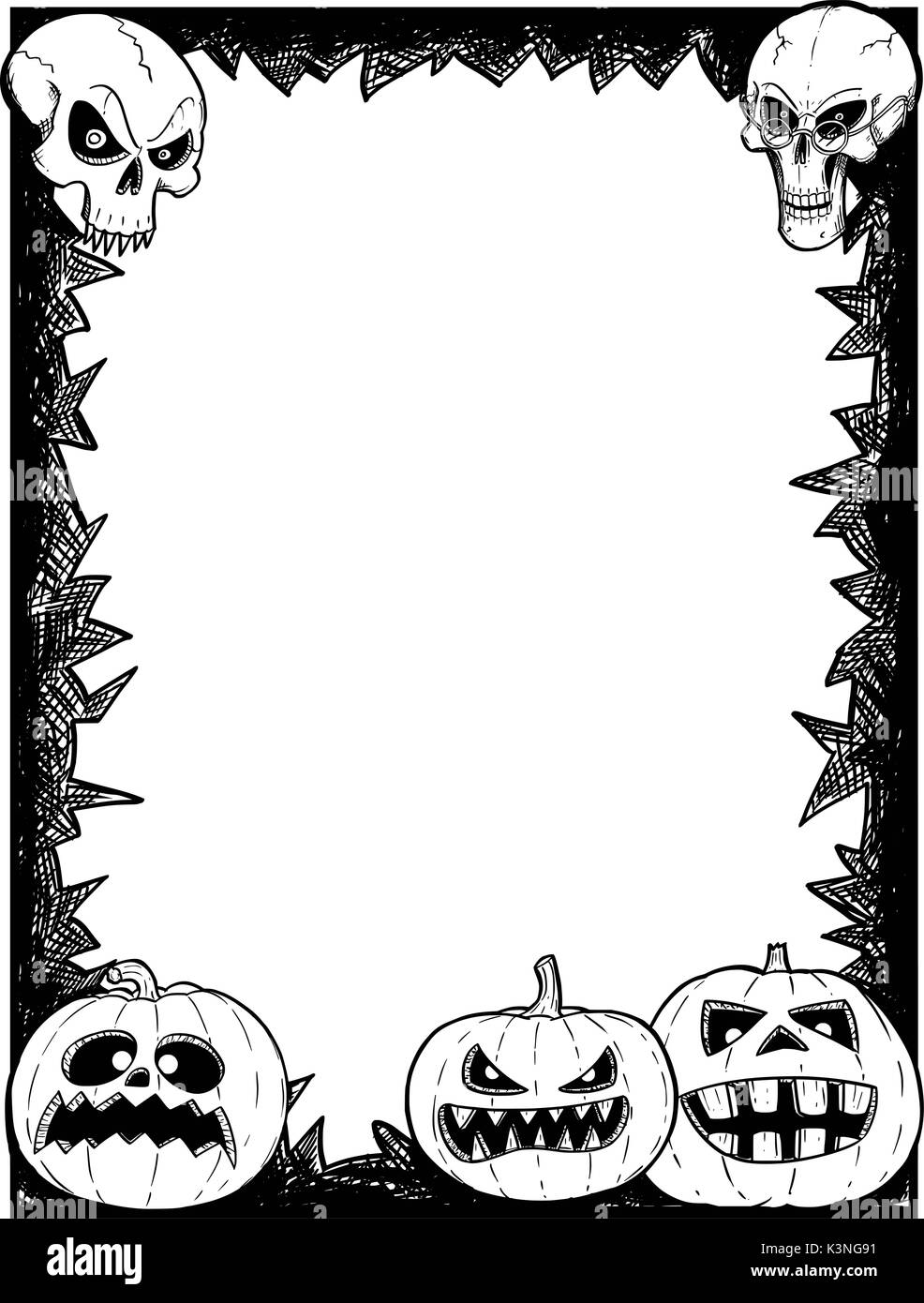 Hand drawing cartoon Halloween frame with skull and pumpkin illustrations. Stock Vector