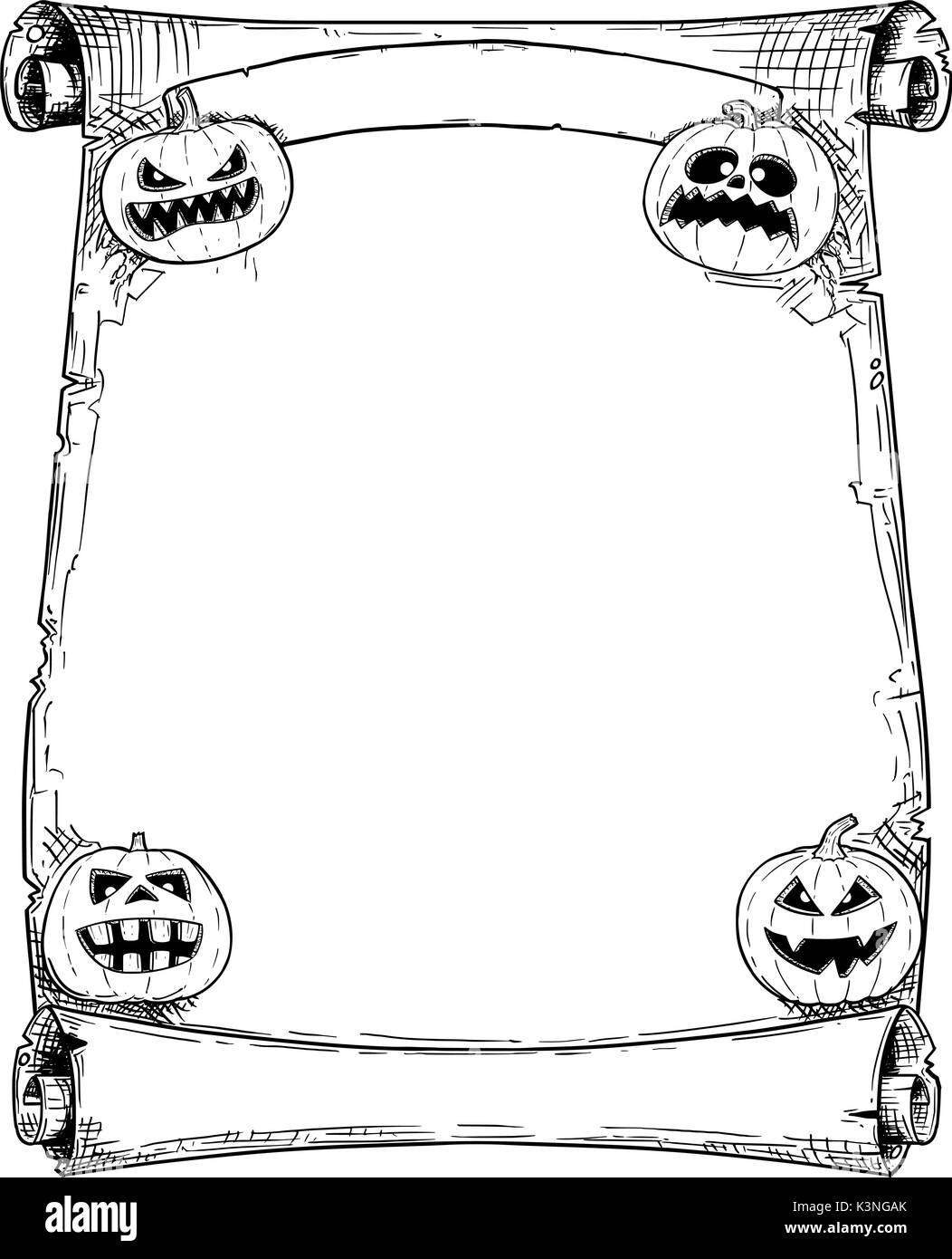 Hand drawing cartoon Halloween frame scroll with pumpkin illustrations. Stock Vector