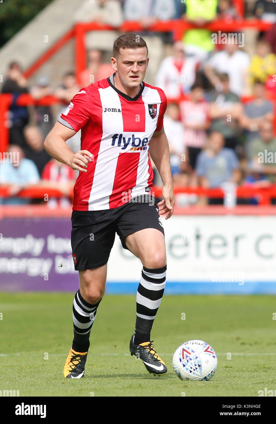 Exeter City's Pierce Sweeney in action during the Sky Bet League Two match at St James Park, Exeter. PRESS ASSOCIATION Photo. Picture date: Saturday September 2, 2017. See PA story SOCCER Exeter. Photo credit should read: Julian Herbert/PA Wire. RESTRICTIONS: No use with unauthorised audio, video, data, fixture lists, club/league logos or 'live' services. Online in-match use limited to 75 images, no video emulation. No use in betting, games or single club/league/player publications. Stock Photo