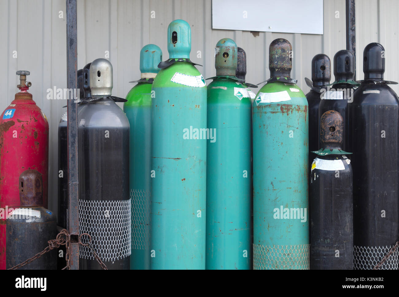 gas tanks chemical products under pressure empty bottles for recycling Stock Photo