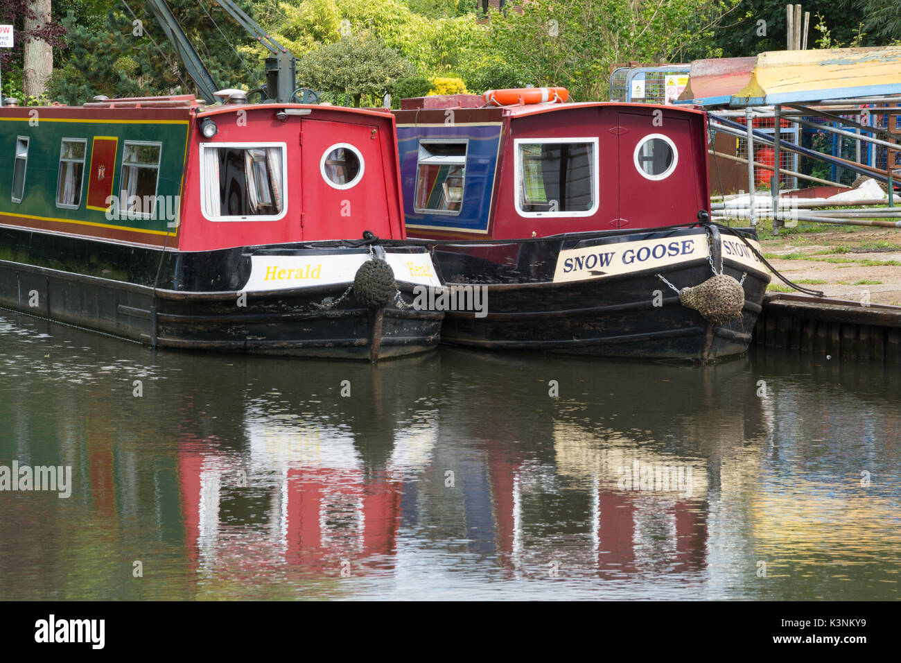 Narrowboats moored near Farncombe Boat House at Godalmin in Surrey, UK Stock Photo