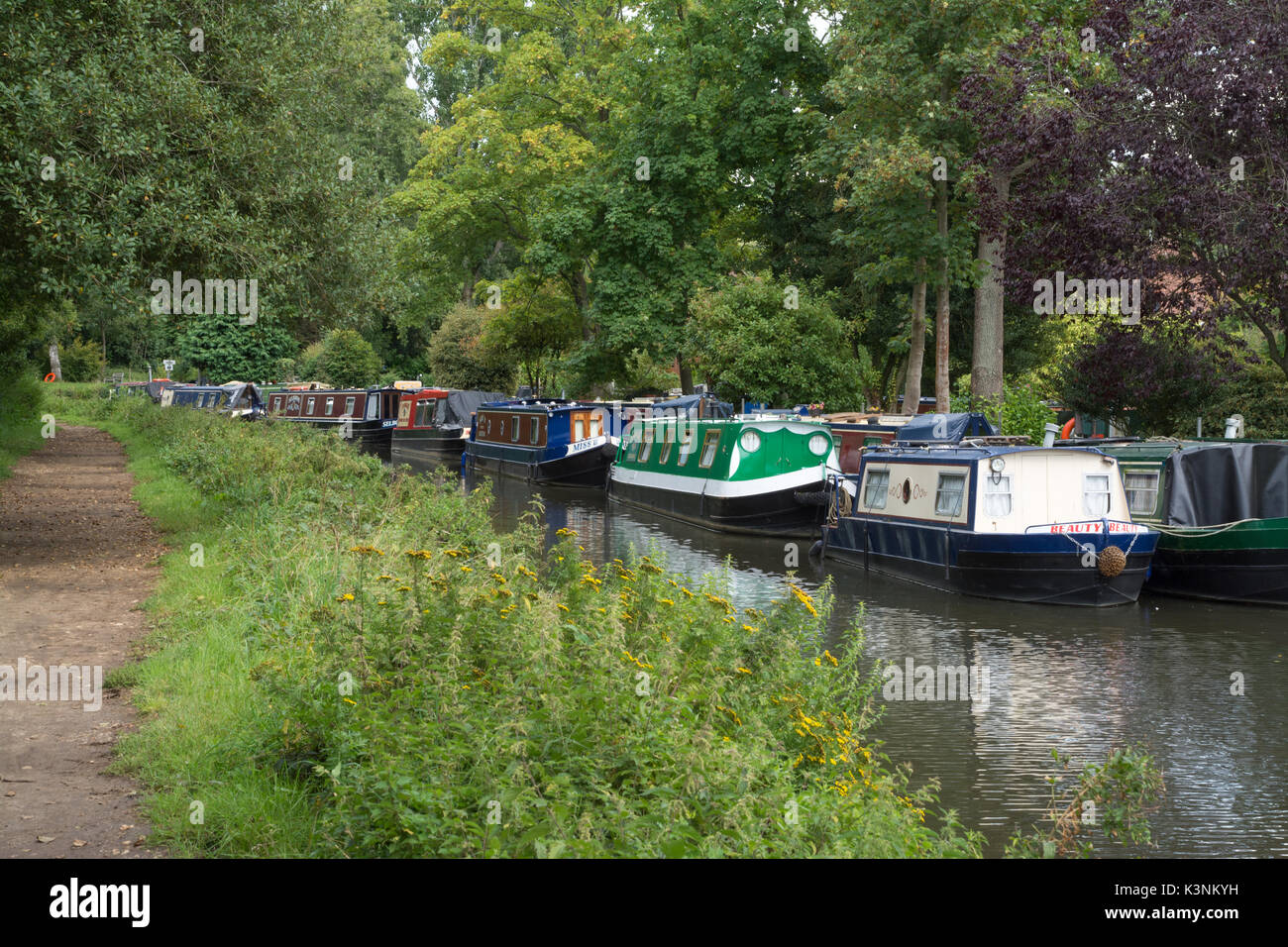 Narrowboats moored near Farncombe Boat House at Godalmin in Surrey, UK Stock Photo