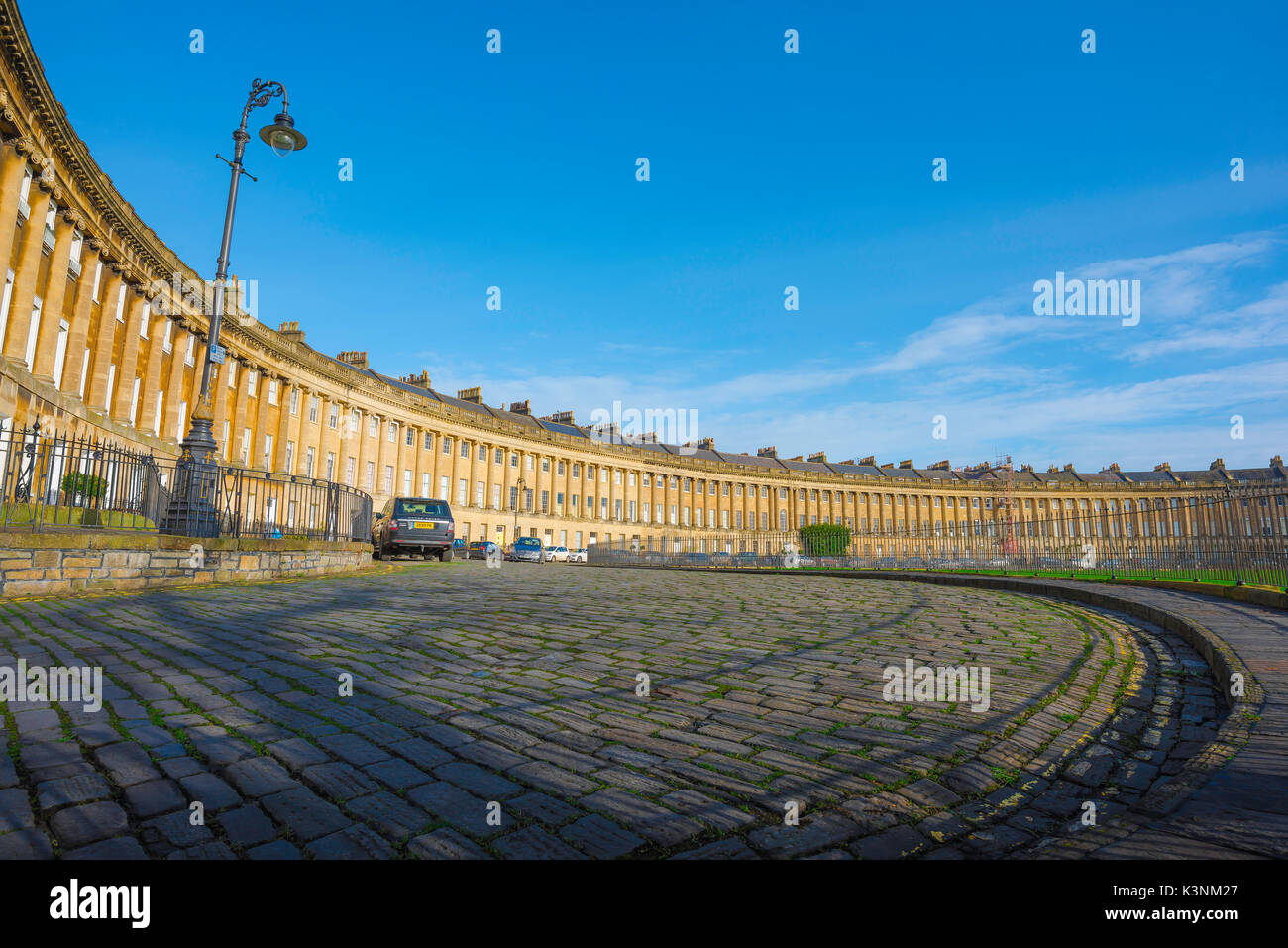 Bath Royal Crescent UK, view of the Royal Crescent - a row of 30 Georgian terraced houses laid out in a sweeping crescent in the centre of Bath, UK. Stock Photo