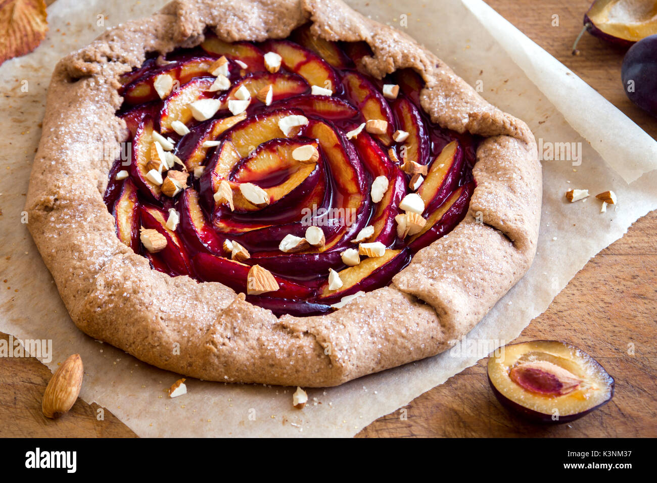 Plum Galette. Healthy homemade wholegrain fruit pie (galette) with