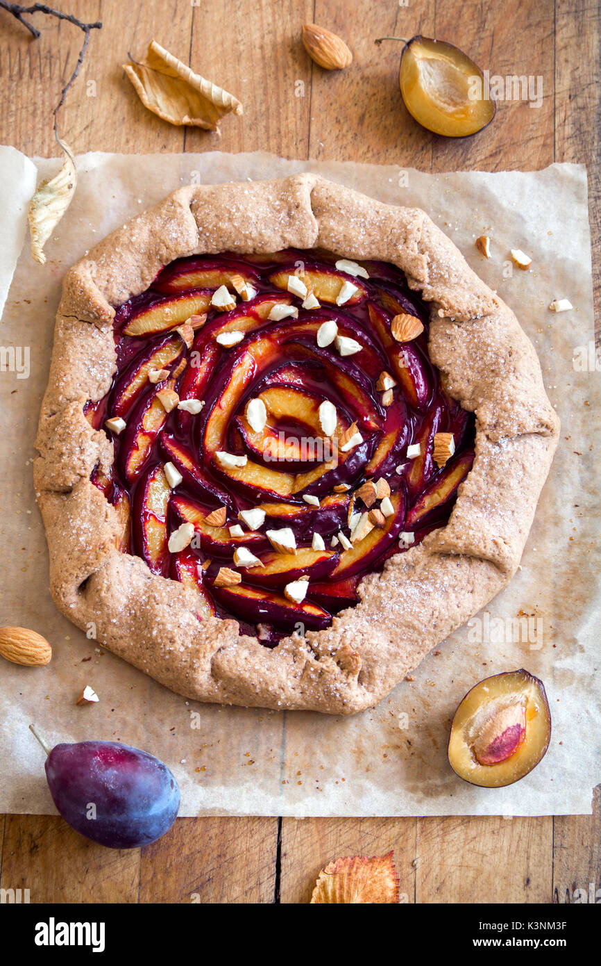 Plum Galette. Healthy homemade wholegrain fruit pie (galette) with