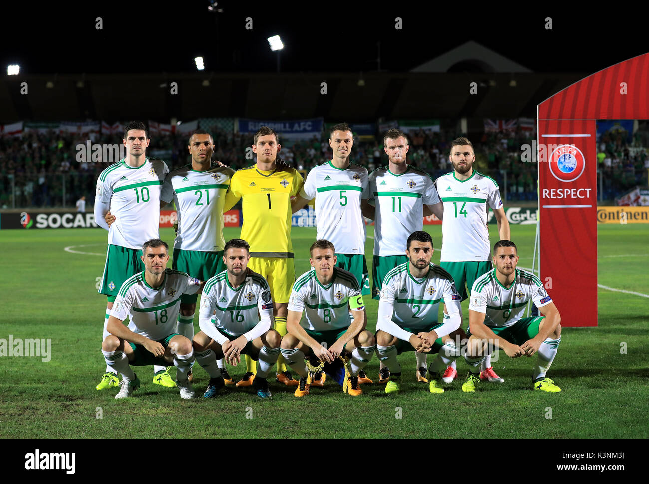 Northern Ireland Team group: (Left-Right) Front Row -  Aaron Hughes, Oliver Norwood, Steven Davis, Conor McLaughlin and Conor Washington. Back Row - Kyle Lafferty, Josh Magennis, Michael McGovern, Jonny Evans, Chris Brunt and Stuart Dallas Stock Photo