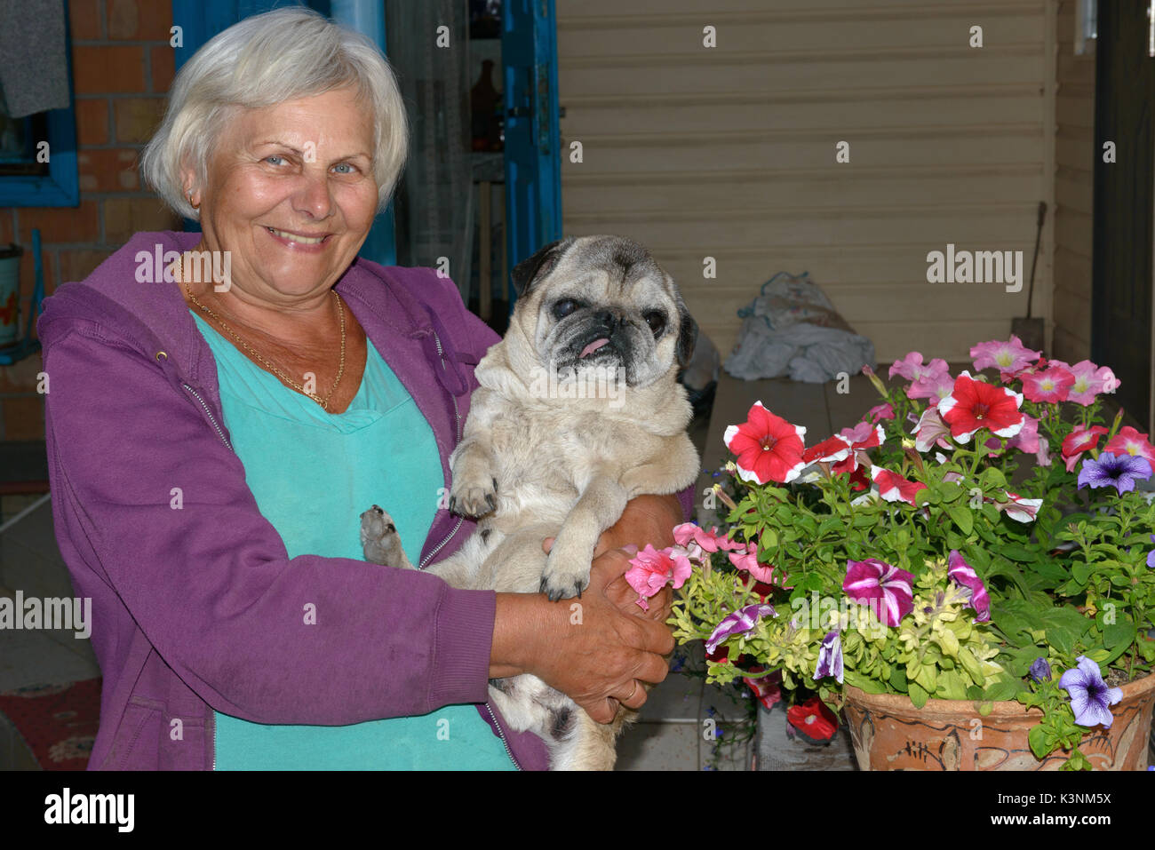 Closeup senior greyhaired smiling woman that is cuddling her fun old