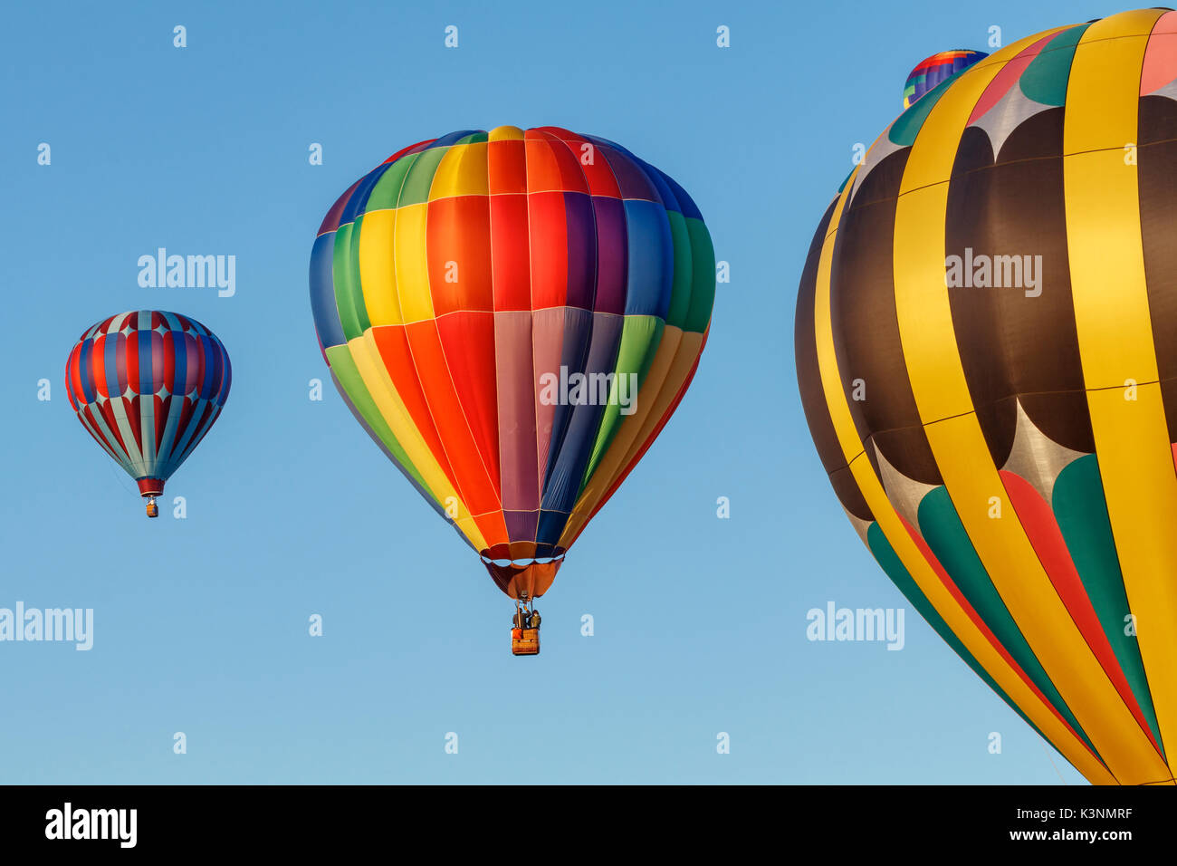 Colorful hot air balloons float through the sky in Albany, Oregon, USA