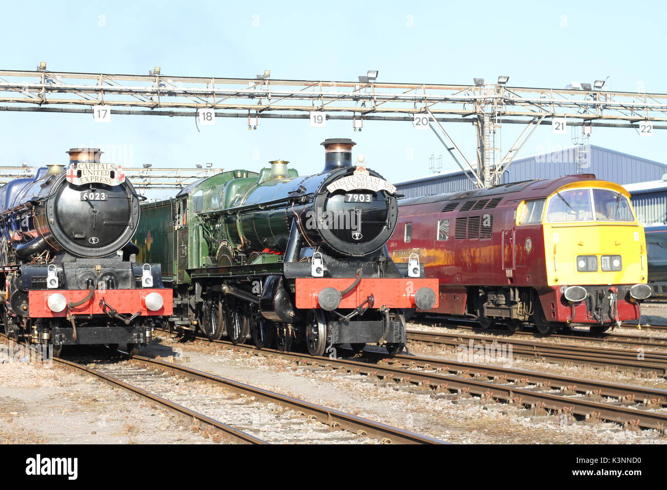 GWR King Class Locomotive 6023 King Edward II with GWR Hall  Class Locomotive 7903 Foremarke Hall and D1015 Western Champion. Old Oak Common 2nd Sept Stock Photo